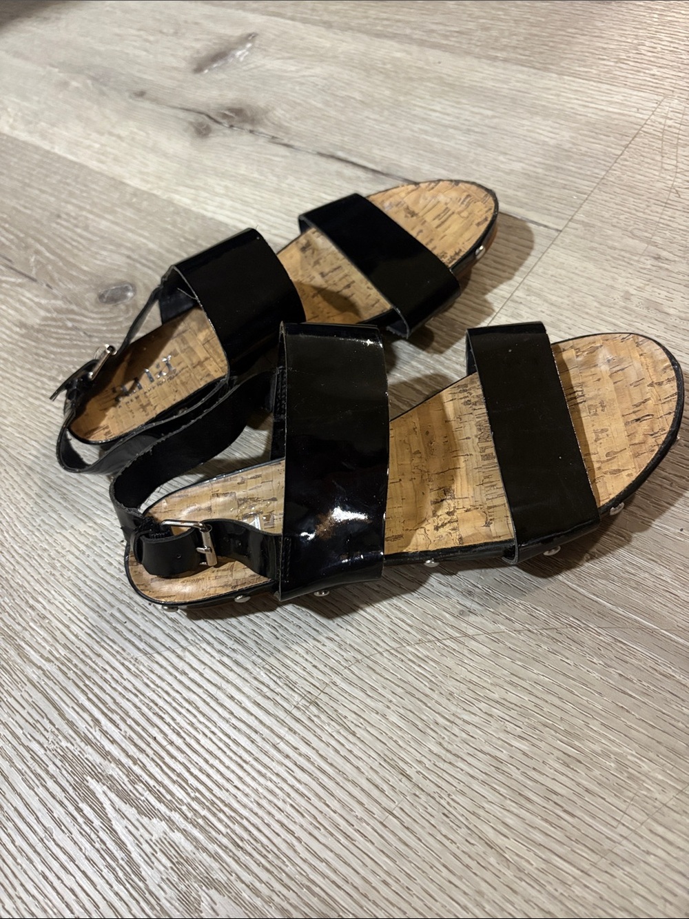 Patent Black Cork Footbed Women's Strappy Sandals